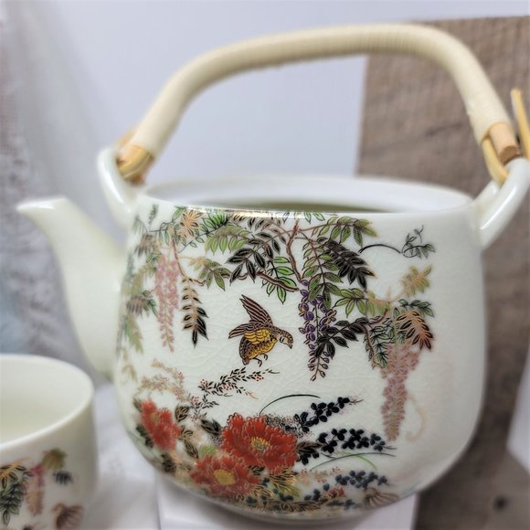 Vintage Teapot with 4 Cups Floral & Birds Japan - Picture 3 of 9